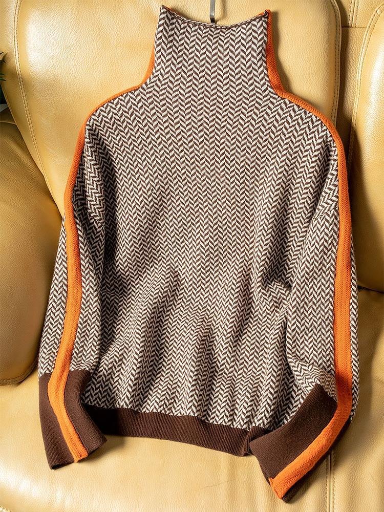 Comfortable Orange Sweater for Women with Collared Plaid Knit Relaxed Style
