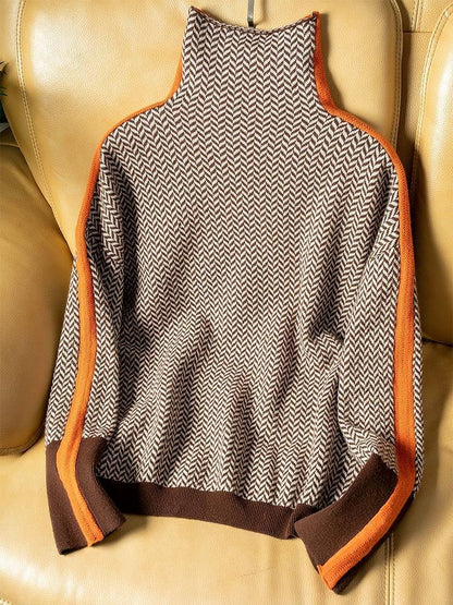 Comfortable Orange Sweater for Women with Collared Plaid Knit Relaxed Style