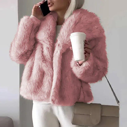 Comfortable Pink Faux Fur Coat for Women with Collared Oversized Fit Relaxed Fit Plush Winter Style