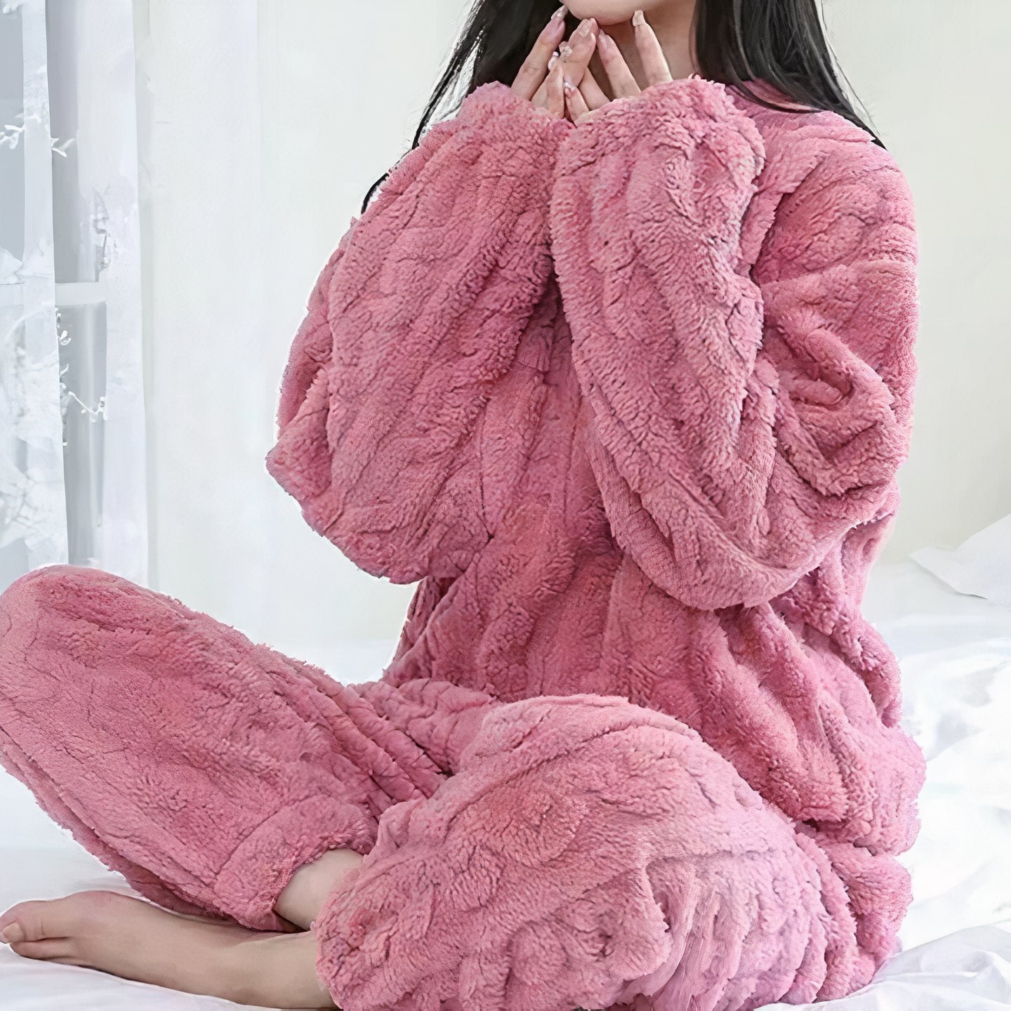 Comfortable Pink Pajamas Set for Women with Fleece Lined Relaxed Fit Everyday Wear Lounge Style