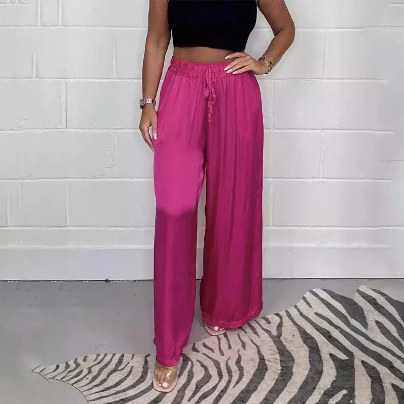 Comfortable Pink PJ Pants for Women with Button Front Zip Front Belted Satin Relaxed Style