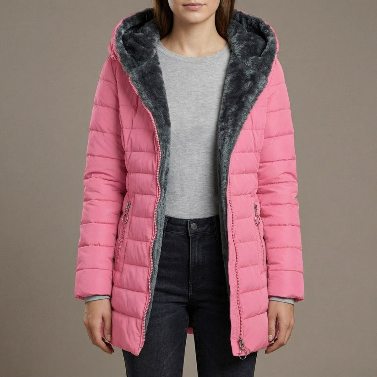 Comfortable Pink Puffer Jacket for Women with Hooded Quilted Relaxed Fit Outdoor Style