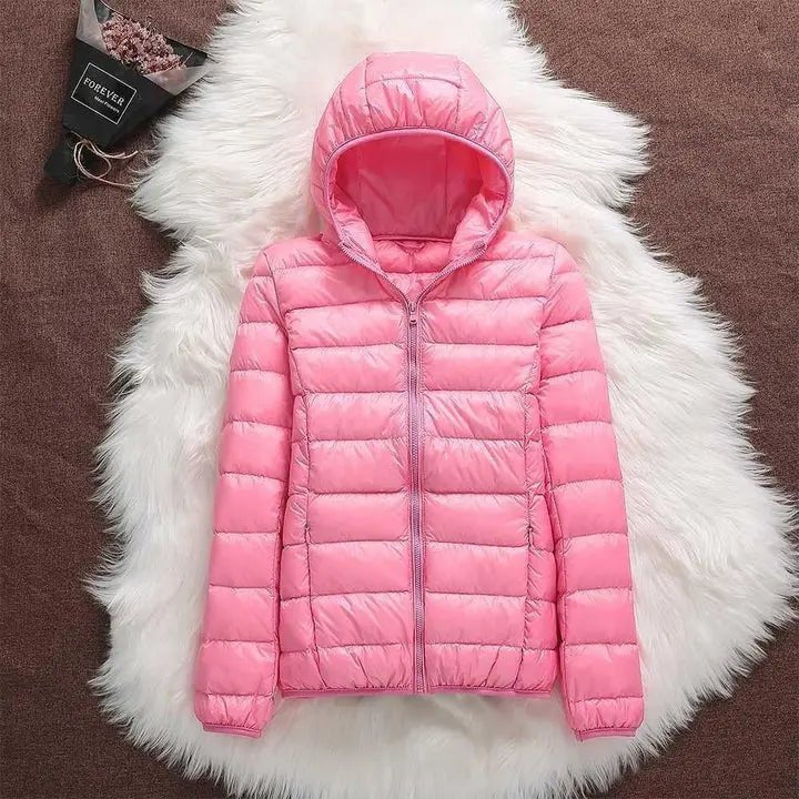 Comfortable Pink Puffer Jacket for Women with Hooded Zip Front Quilted Everyday Style
