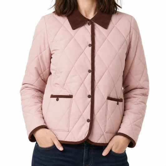 Comfortable Pink Quilted Jacket for Women with Collared Zip Front Side Pockets Lace Trim Layered Style