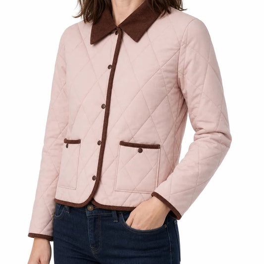 Comfortable Pink Quilted Jacket for Women with Collared Zip Front Side Pockets Lace Trim Layered Style