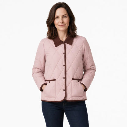 Comfortable Pink Quilted Jacket for Women with Collared Zip Front Side Pockets Lace Trim Layered Style