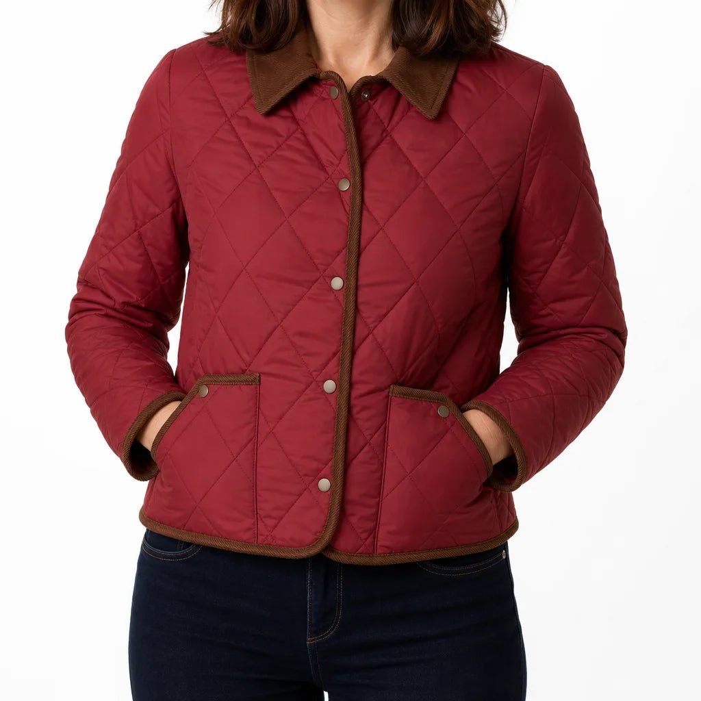Comfortable Pink Quilted Jacket for Women with Collared Zip Front Side Pockets Lace Trim Layered Style
