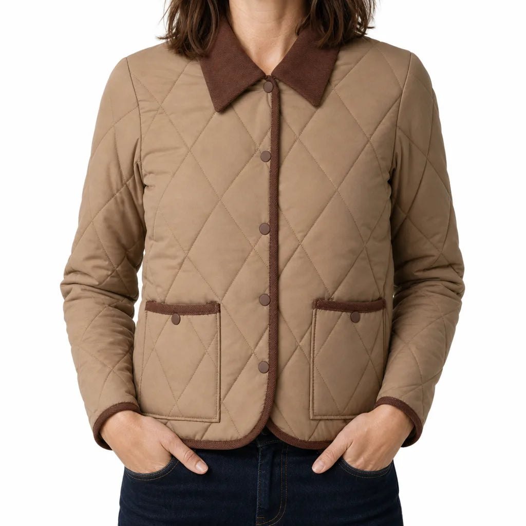 Comfortable Pink Quilted Jacket for Women with Collared Zip Front Side Pockets Lace Trim Layered Style