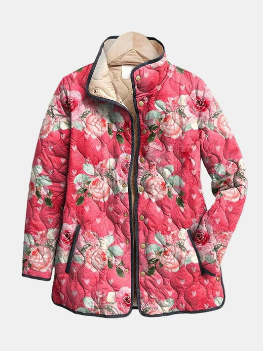 Comfortable Pink Quilted Jacket for Women with Plaid Relaxed Fit Everyday Wear Layered Style