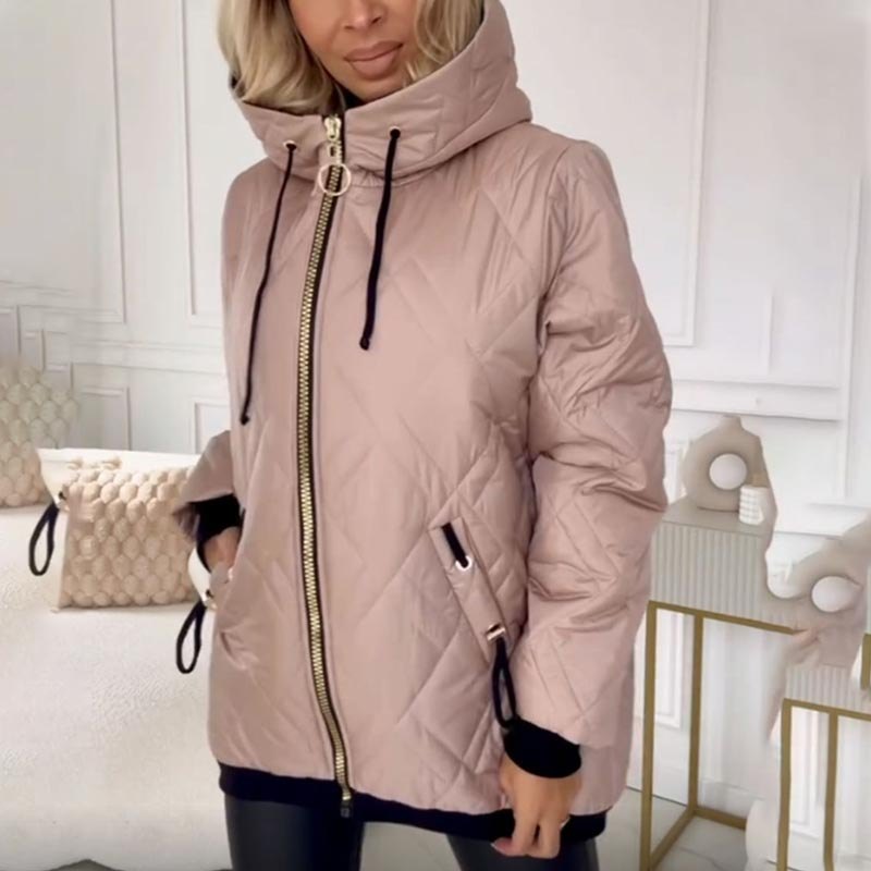 Comfortable Pink Winter Jacket for Women with Collared Hooded Relaxed Fit Everyday Style