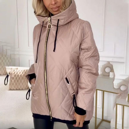 Comfortable Pink Winter Jacket for Women with Collared Hooded Relaxed Fit Everyday Style