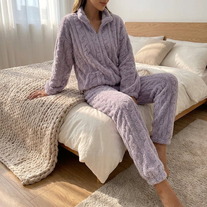 Comfortable Purple Pajamas for Women with Zip Front Side Pockets Fleece Lined Plush Relaxed Style