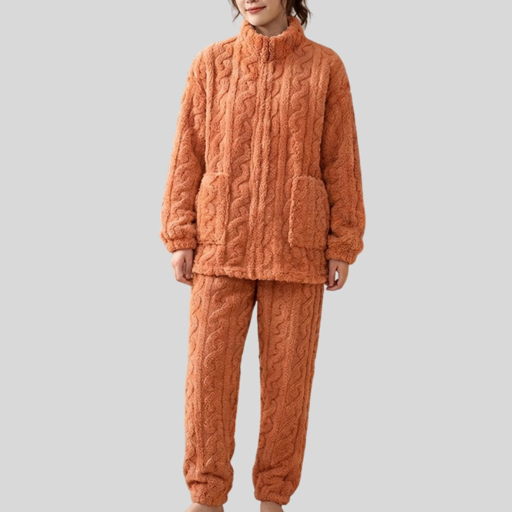 Comfortable Purple Pajamas for Women with Zip Front Side Pockets Fleece Lined Plush Relaxed Style