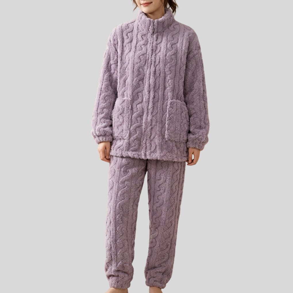 Comfortable Purple Pajamas for Women with Zip Front Side Pockets Fleece Lined Plush Relaxed Style
