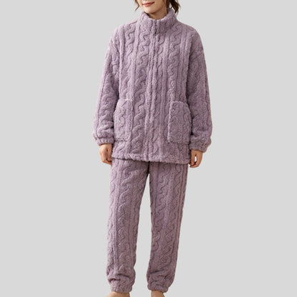 Comfortable Purple Pajamas for Women with Zip Front Side Pockets Fleece Lined Plush Relaxed Style