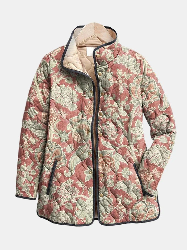 Comfortable Quilted Jacket for Women with Floral Print Plaid Relaxed Fit Outdoor Style