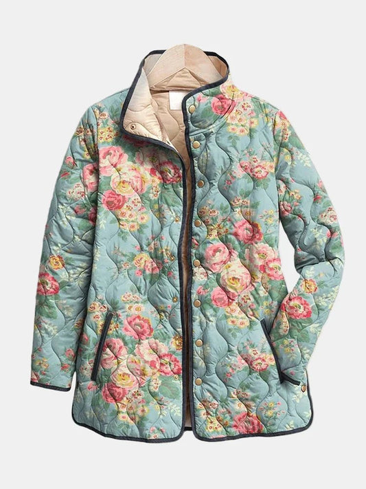 Comfortable Quilted Jacket for Women with Floral Print Plaid Relaxed Fit Winter Style