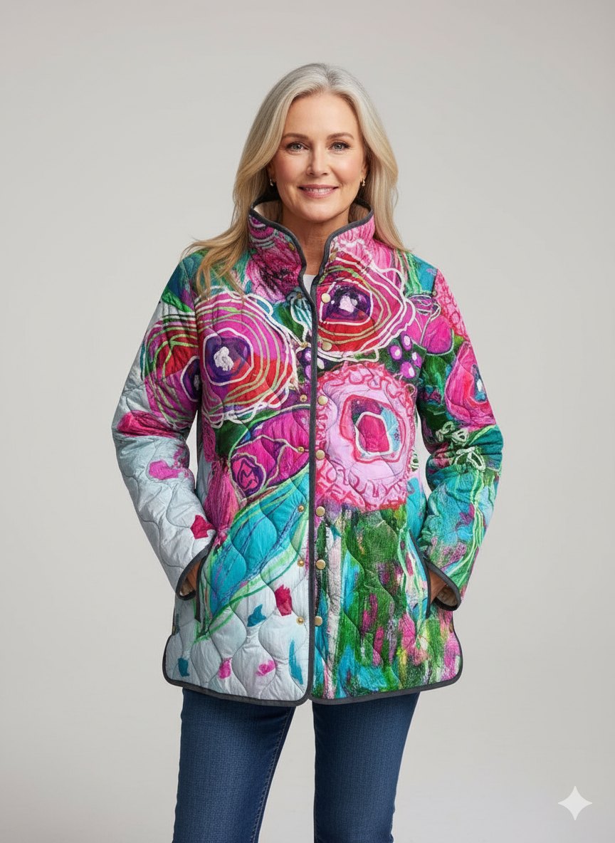 Comfortable Quilted Jacket for Women with Floral Print Plaid Relaxed Fit Everyday Style