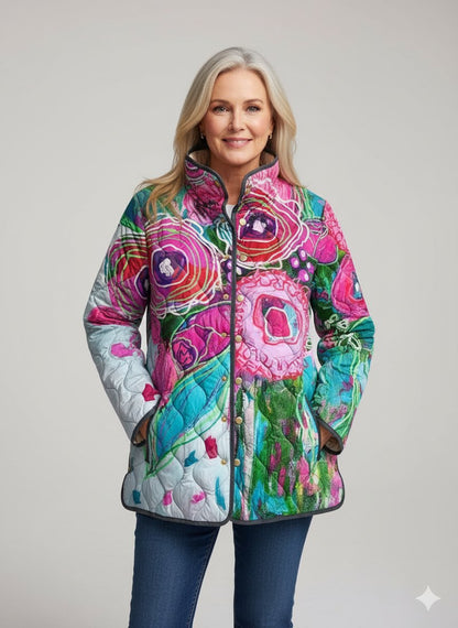 Comfortable Quilted Jacket for Women with Floral Print Plaid Relaxed Fit Everyday Style