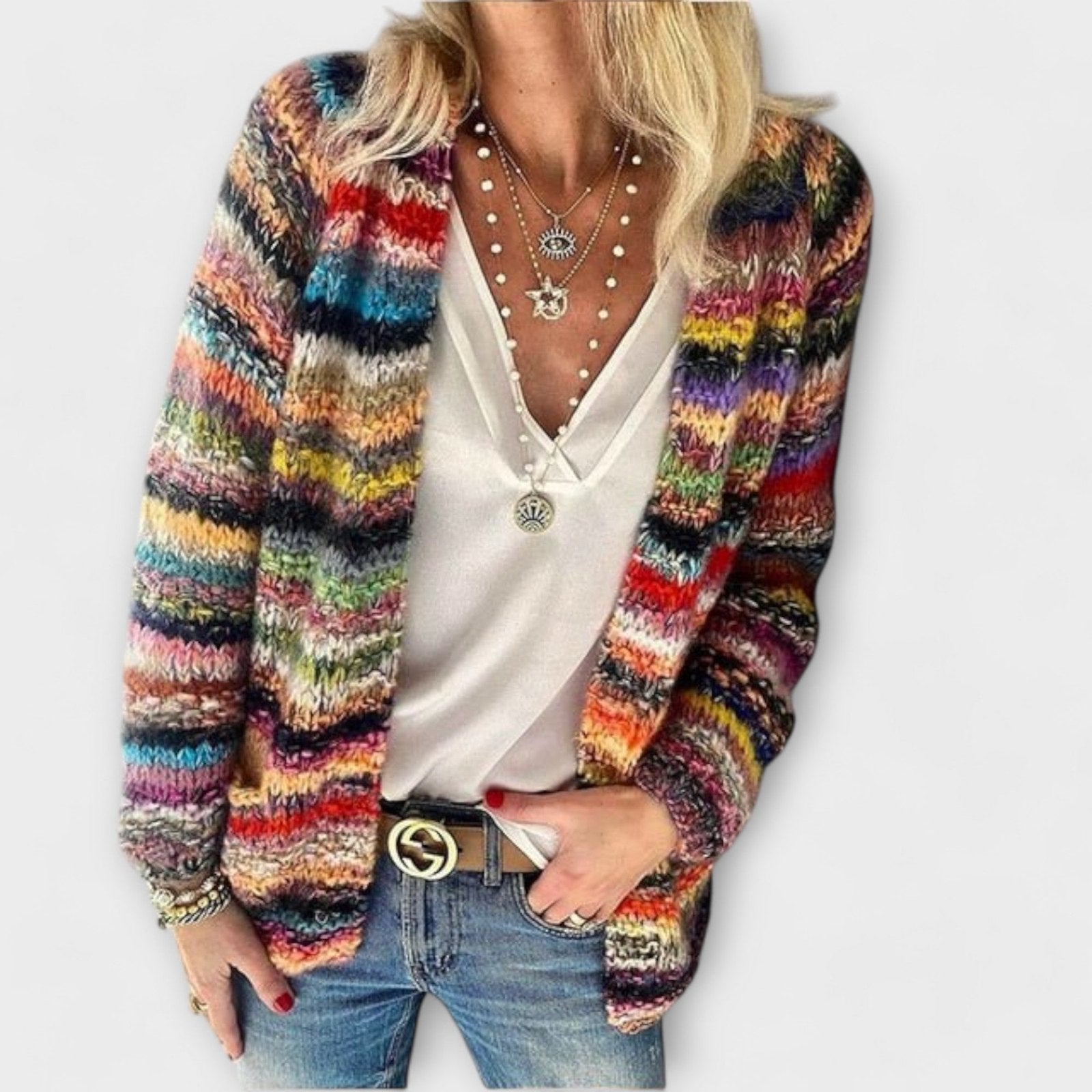 Comfortable Red Cardigan for Women with Open Front Striped Knit Relaxed Style