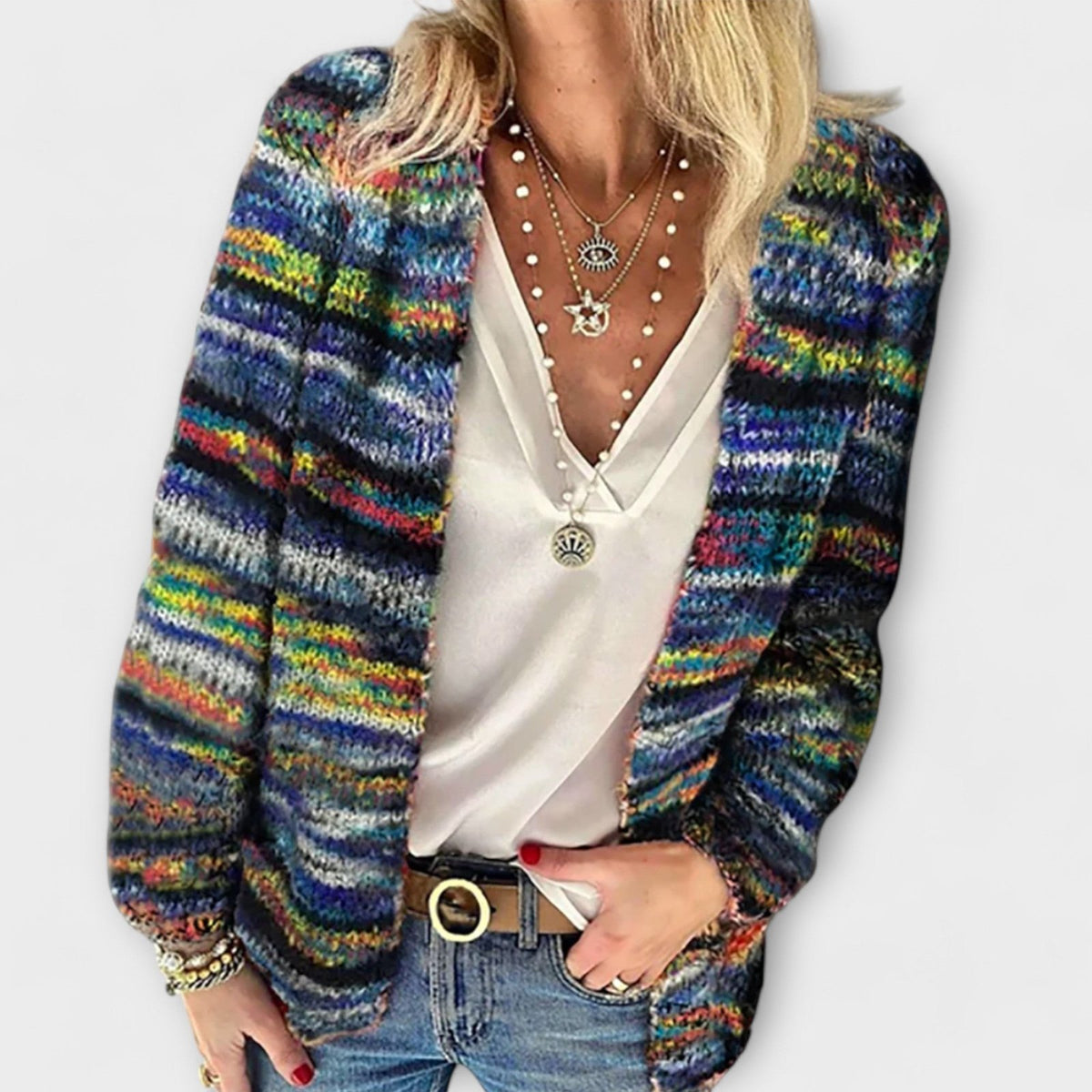 Comfortable Red Cardigan for Women with Open Front Striped Knit Relaxed Style