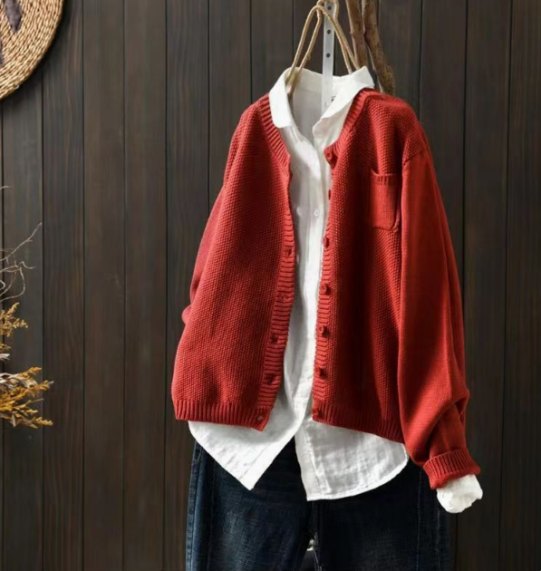 Comfortable Red Cardigan for Women with Oversized Fit Relaxed Fit Wrap Front Layered Style