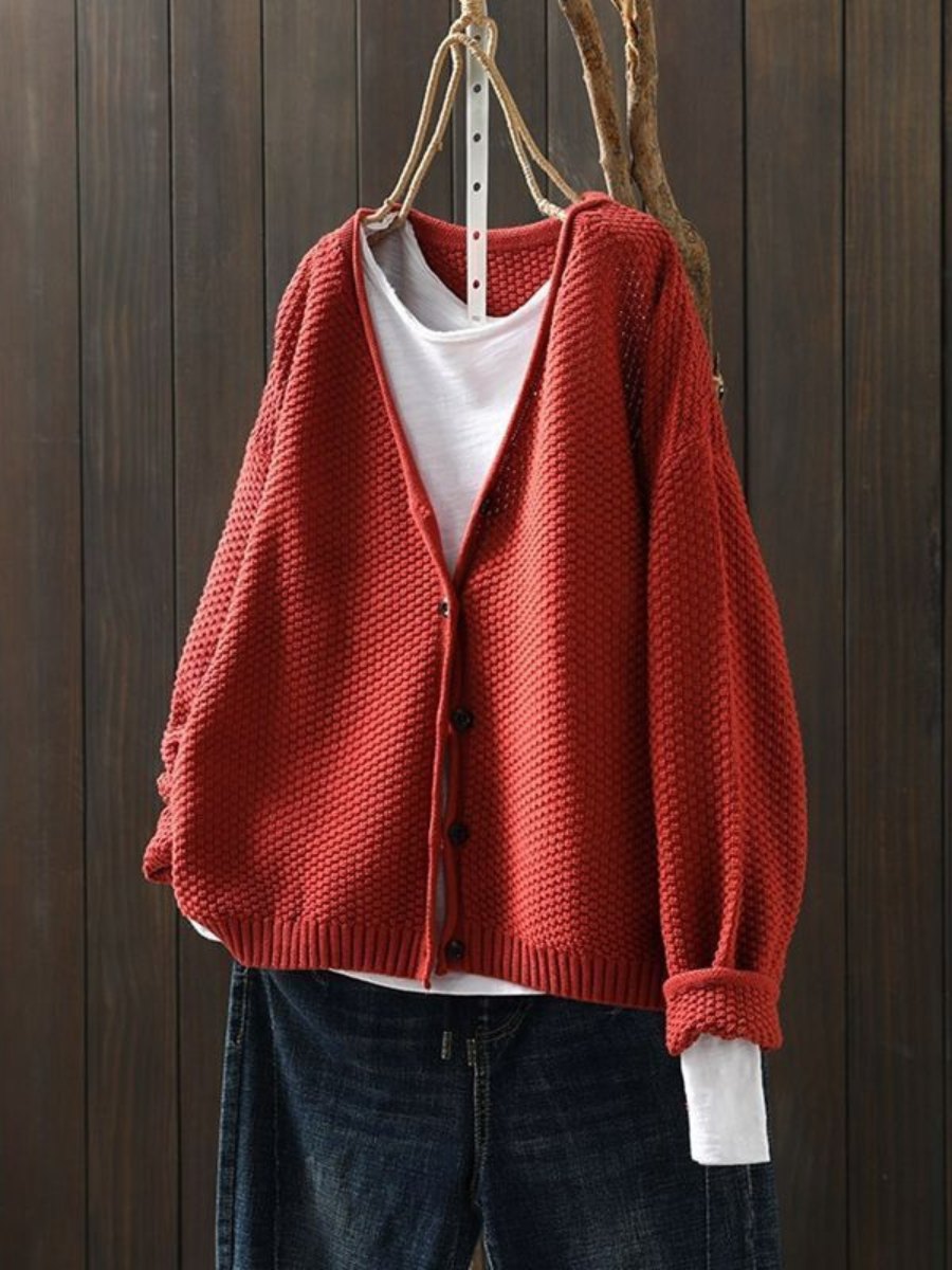 Comfortable Red Cardigan for Women with V Neck Button Front Relaxed Fit Knit Layered Style