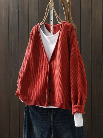 Comfortable Red Cardigan for Women with V Neck Button Front Relaxed Fit Knit Layered Style