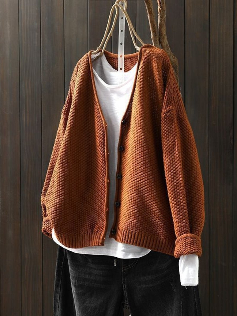 Comfortable Red Cardigan for Women with V Neck Button Front Relaxed Fit Knit Layered Style
