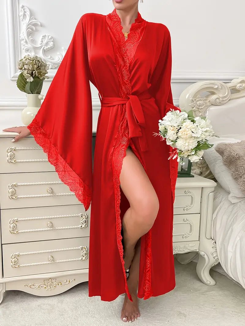 Comfortable Red Pajamas for Women with Flowing Sleeve Belted Lace Trim Lounge Style