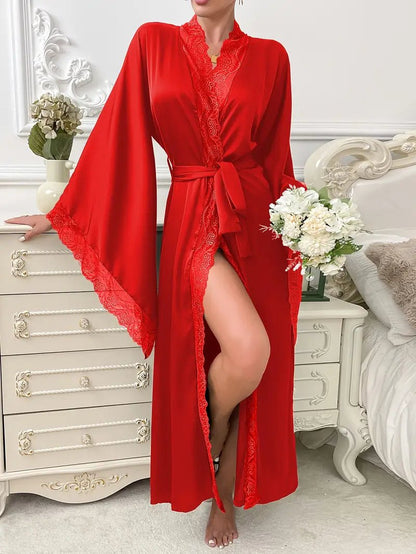 Comfortable Red Pajamas for Women with Flowing Sleeve Belted Lace Trim Lounge Style