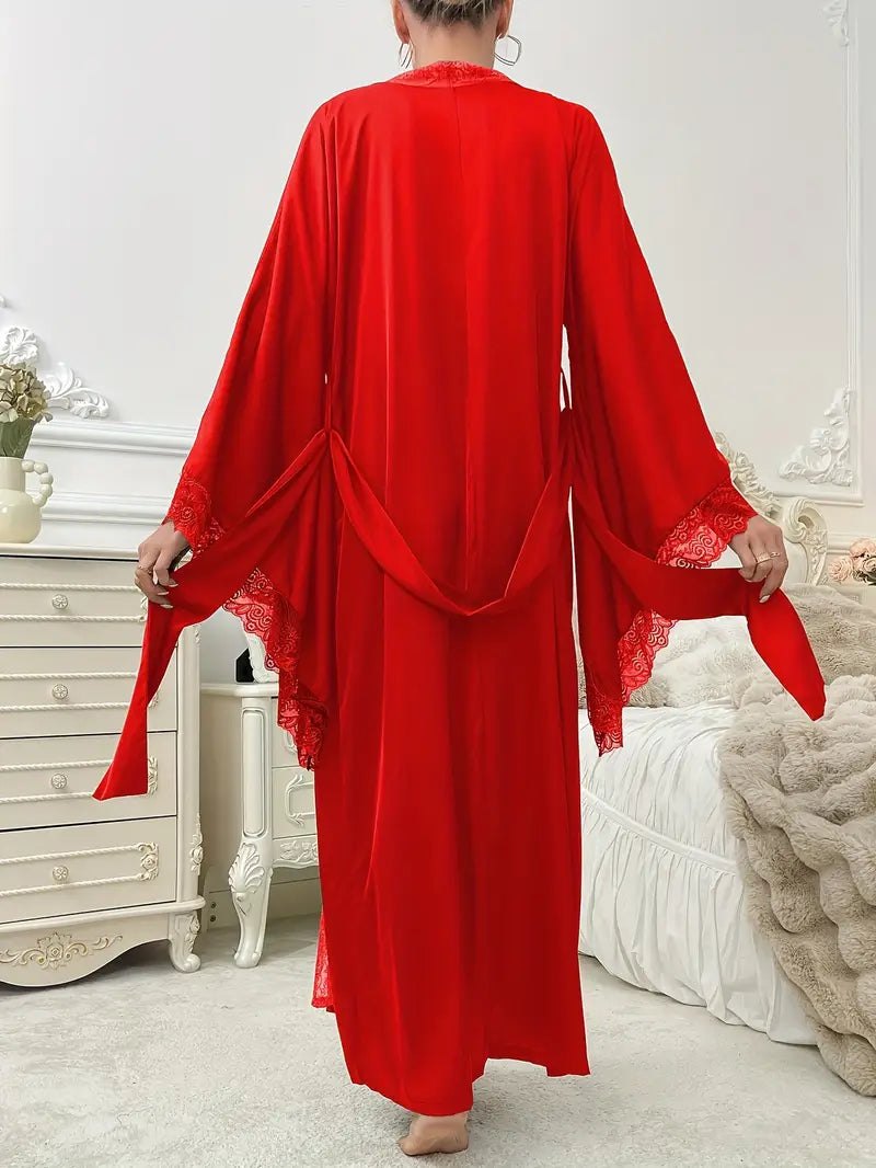 Comfortable Red Pajamas for Women with Flowing Sleeve Belted Lace Trim Lounge Style