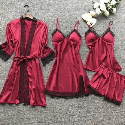 Comfortable Red Pajamas Set for Women with Lace Trim Satin Relaxed Fit Cosy Style