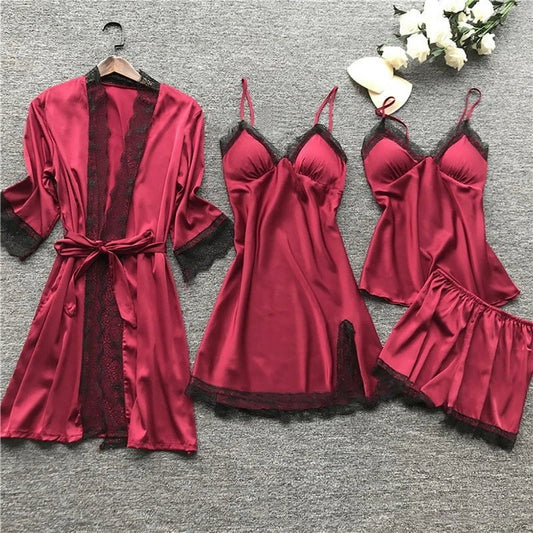Comfortable Red Pajamas Set for Women with Lace Trim Satin Relaxed Fit Cosy Style