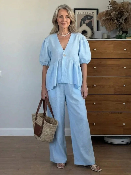 Comfortable Sky Blue Loungewear Set for Women with V Neck Puff Sleeve Button Front Wide Leg Relaxed Fit Lounge Style
