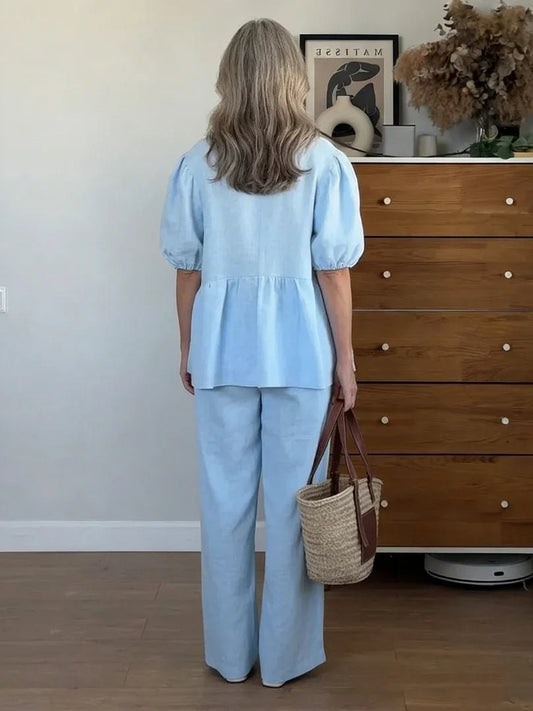 Comfortable Sky Blue Loungewear Set for Women with V Neck Puff Sleeve Button Front Wide Leg Relaxed Fit Lounge Style