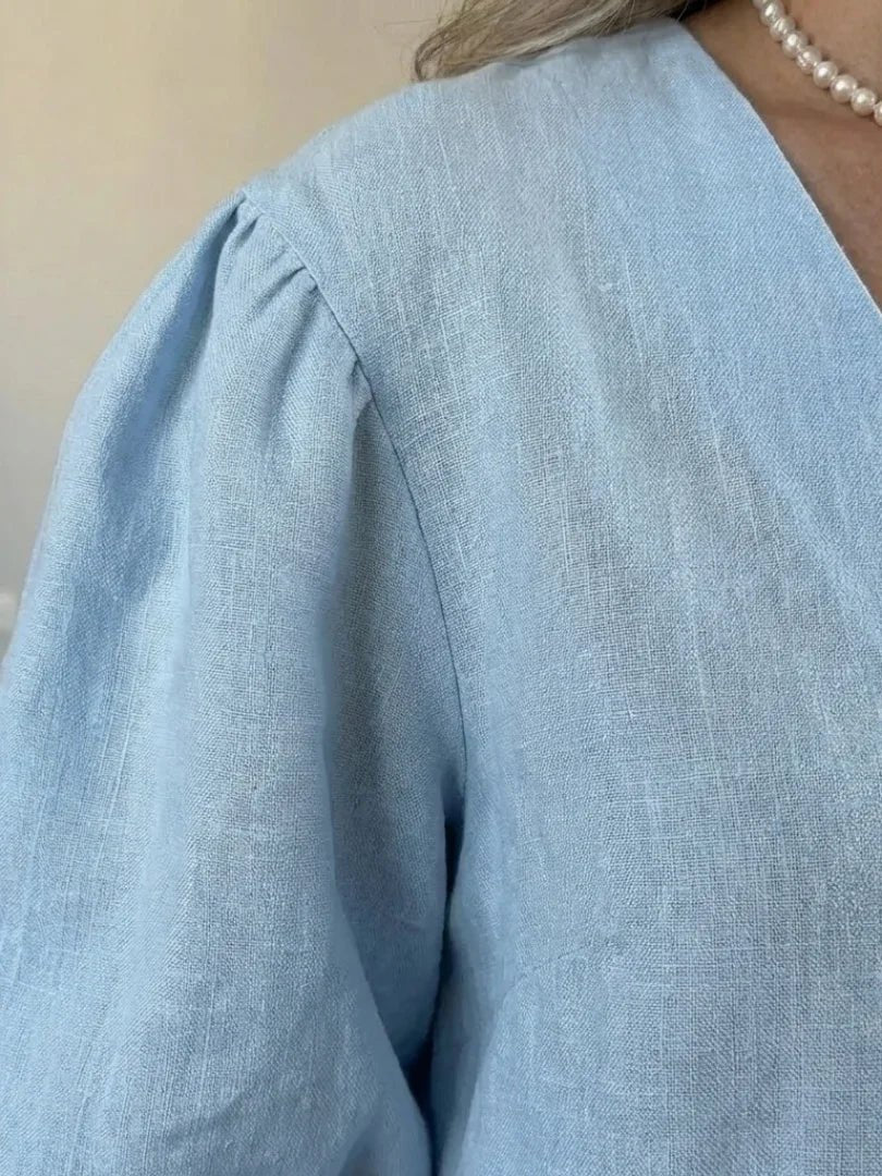 Comfortable Sky Blue Loungewear Set for Women with V Neck Puff Sleeve Button Front Wide Leg Relaxed Fit Lounge Style