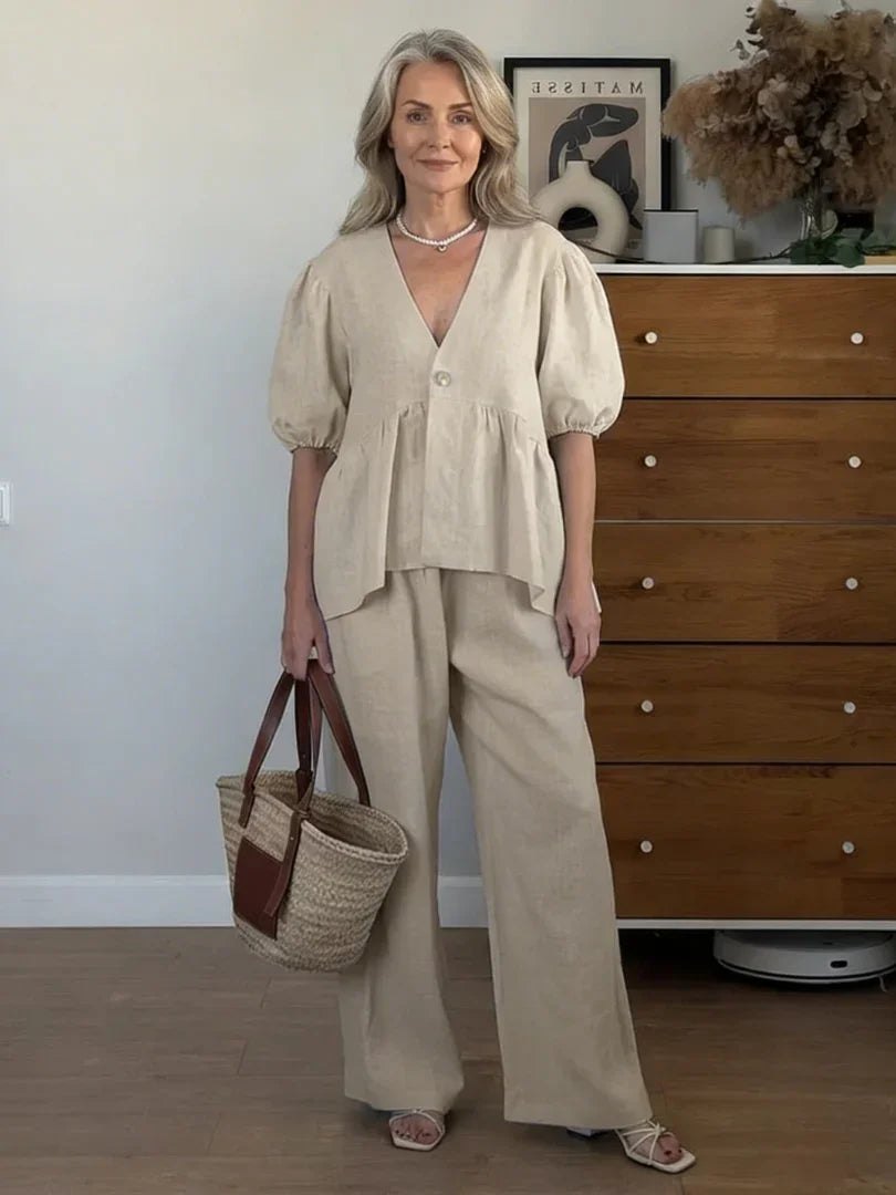 Comfortable Sky Blue Loungewear Set for Women with V Neck Puff Sleeve Button Front Wide Leg Relaxed Fit Lounge Style
