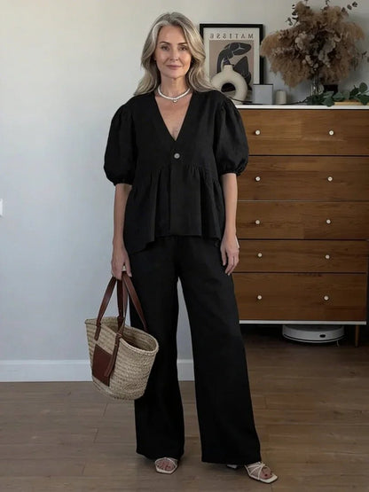 Comfortable Sky Blue Loungewear Set for Women with V Neck Puff Sleeve Button Front Wide Leg Relaxed Fit Lounge Style