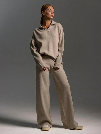Comfortable Taupe Sweat Set for Women with Collared Long Sleeve Elastic Waist Relaxed Fit Ribbed Lounge Style