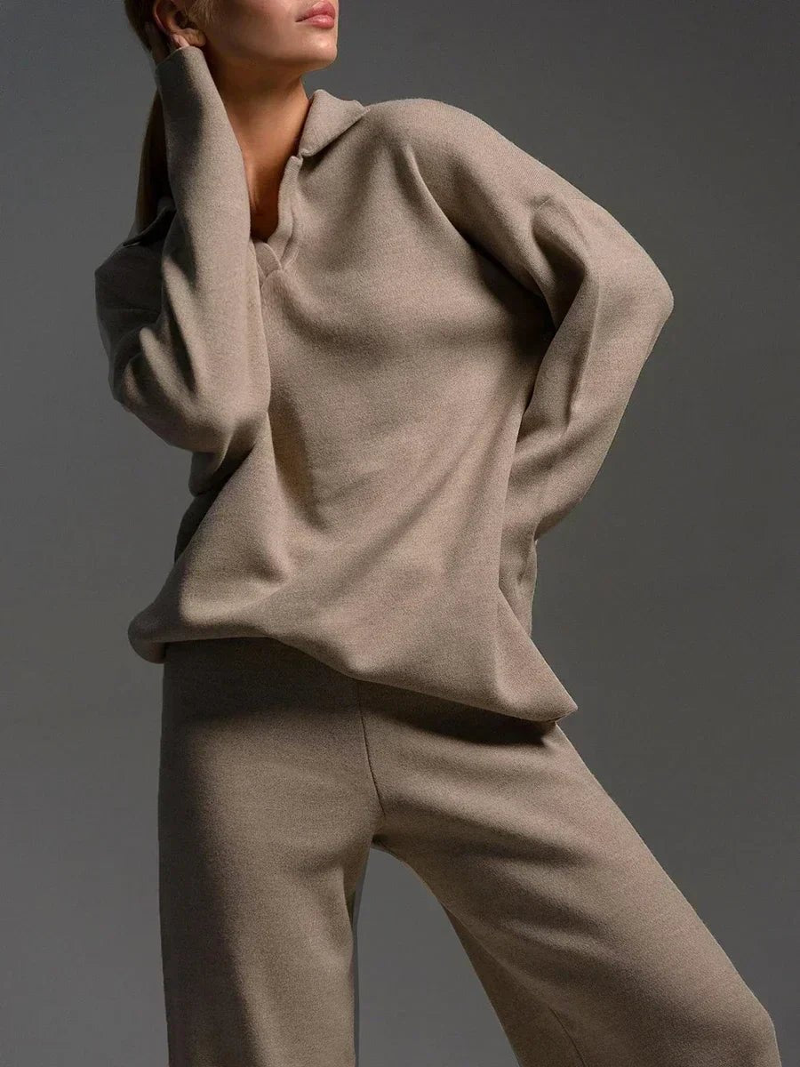 Comfortable Taupe Sweat Set for Women with Collared Long Sleeve Elastic Waist Relaxed Fit Ribbed Lounge Style