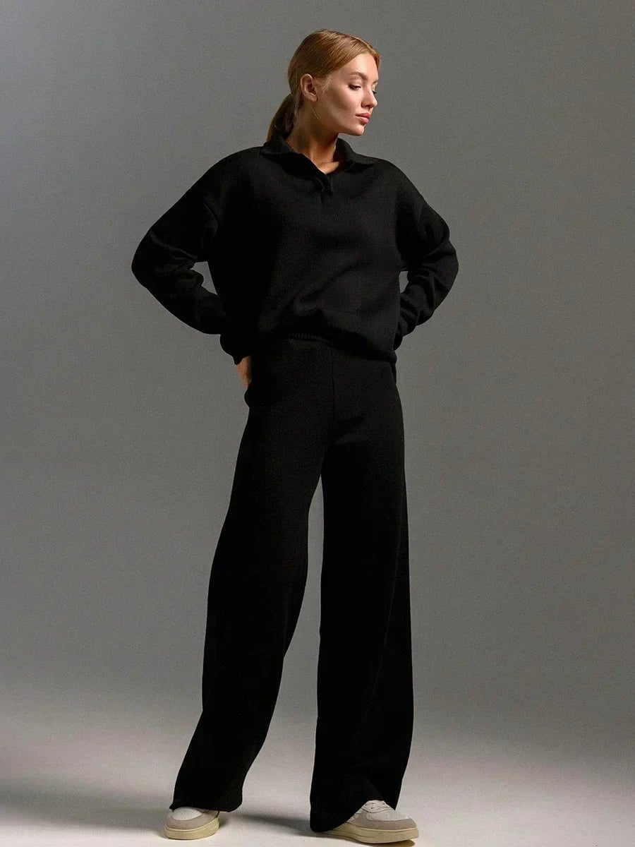 Comfortable Taupe Sweat Set for Women with Collared Long Sleeve Elastic Waist Relaxed Fit Ribbed Lounge Style