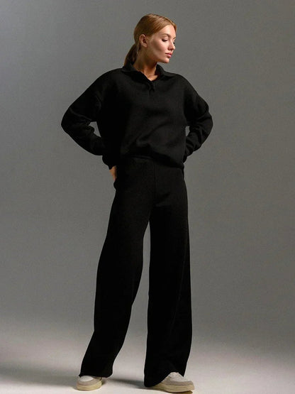 Comfortable Taupe Sweat Set for Women with Collared Long Sleeve Elastic Waist Relaxed Fit Ribbed Lounge Style