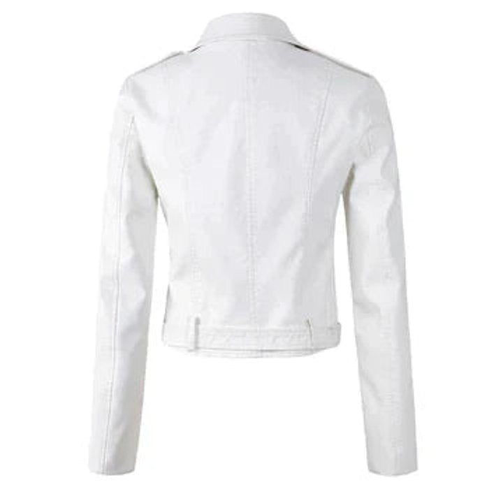 Comfortable White Faux Leather Coat for Women with Zip Front Belted Cropped Outdoor Style