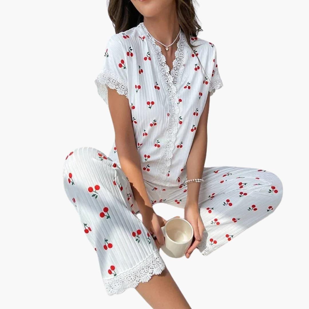 Comfortable White Pajamas for Women with Short Sleeve Button Front Elastic Waist Lace Trim Everyday Style