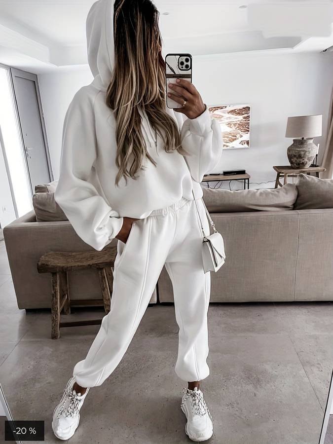 Comfortable White Sweat Set for Women with Hooded Everyday Wear Soft Finish Relaxed Style