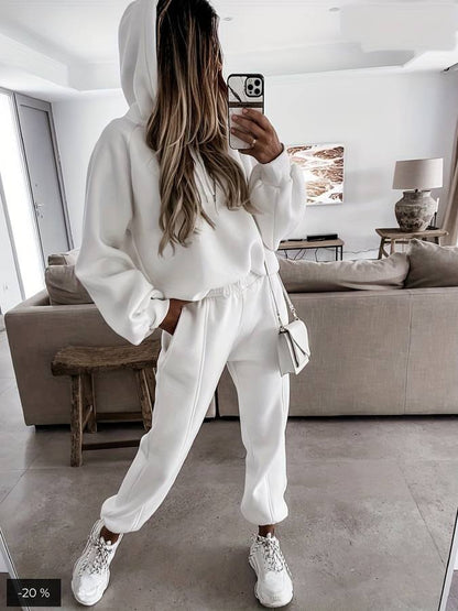 Comfortable White Sweat Set for Women with Hooded Everyday Wear Soft Finish Relaxed Style