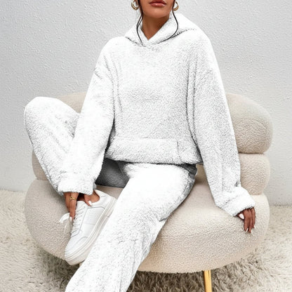 Comfortable White Sweat Set for Women with Hooded Side Pockets Fleece Lined Relaxed Style