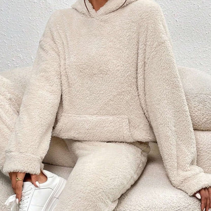 Comfortable White Sweat Set for Women with Hooded Side Pockets Fleece Lined Relaxed Style