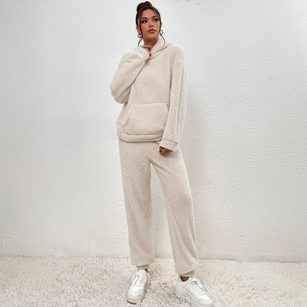 Comfortable White Sweat Set for Women with Hooded Side Pockets Fleece Lined Relaxed Style